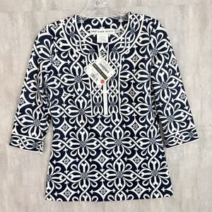 GRETCHEN SCOTT Tunic Top Shrimp XXS Jersey Split Neck Piazza 3/4 Sleeve Preppy